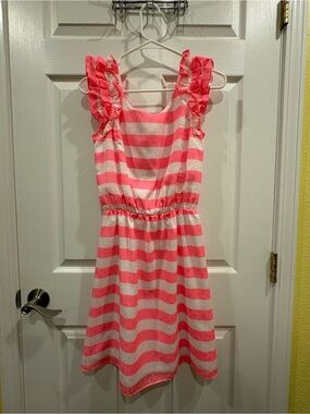 Women’s Pink & White Striped Ruffle Sleeve Dress